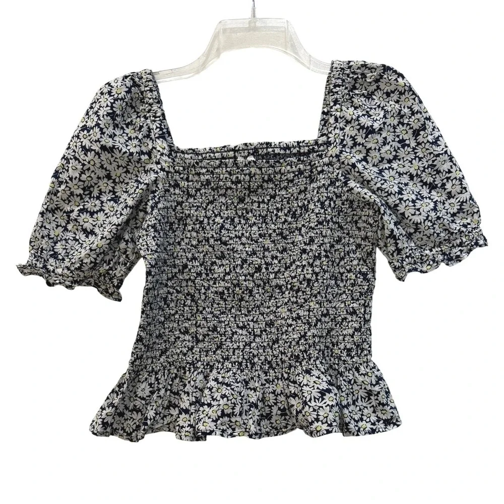 J.Crew Smocked Peplum Top Women's XS Navy Blue Daisy Floral Puff Sleeve Blouse